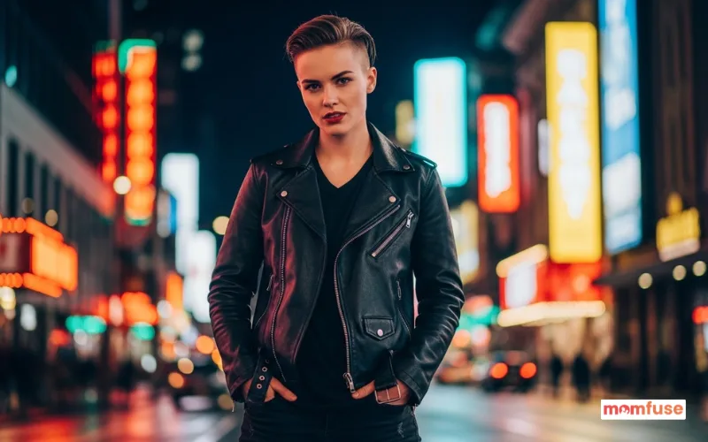 confident androgynous young person wearing black leather jacket standing in city at night, bold attitude,.