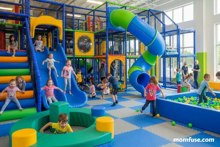 A bright, modern indoor playground in Woodbridge, Virginia, filled with happy children playing.