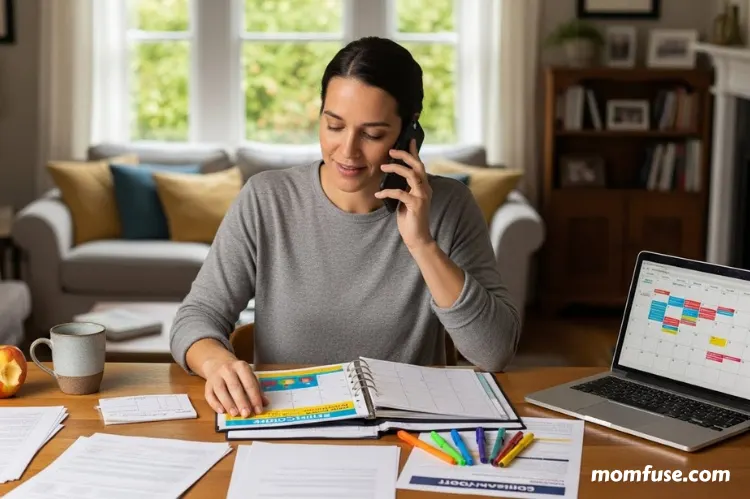A parent on a phone call while organizing schedules and school papers.