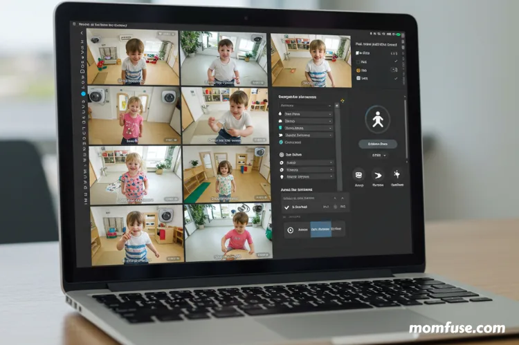 Professional dashboard interface on a laptop showing multiple daycare camera feeds with AI alerts.