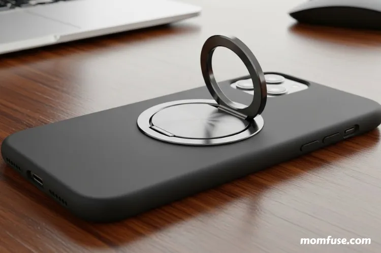 Rotatable kickstand mechanism on the back of an iPhone case.