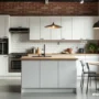 Bright modern kitchen with white shaker RTA cabinets, house flipping and renovation concept.