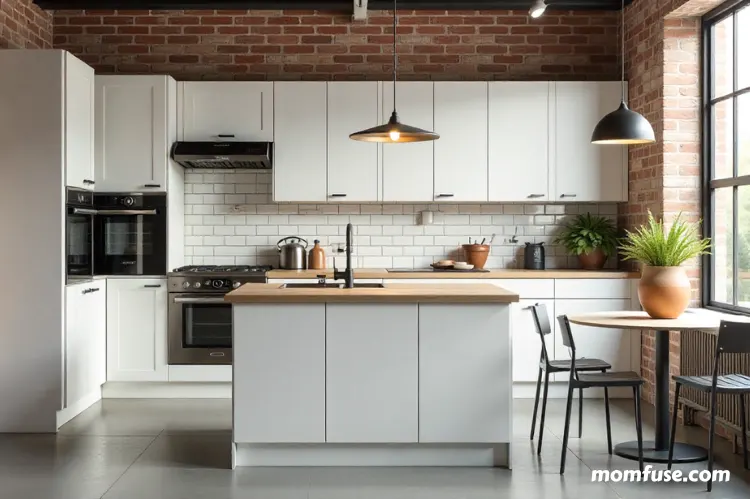 Bright modern kitchen with white shaker RTA cabinets, house flipping and renovation concept.