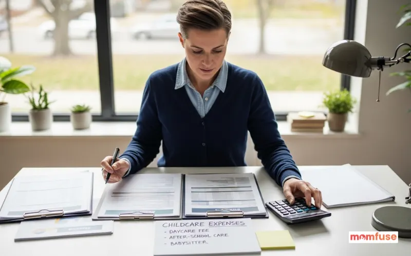 Parent reviewing budget documents and calculator at desk, childcare expense notes visible, modern home office.