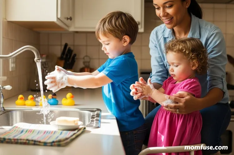 Young children washing hands at a kitchen sink with soap bubble, parent guiding them. 