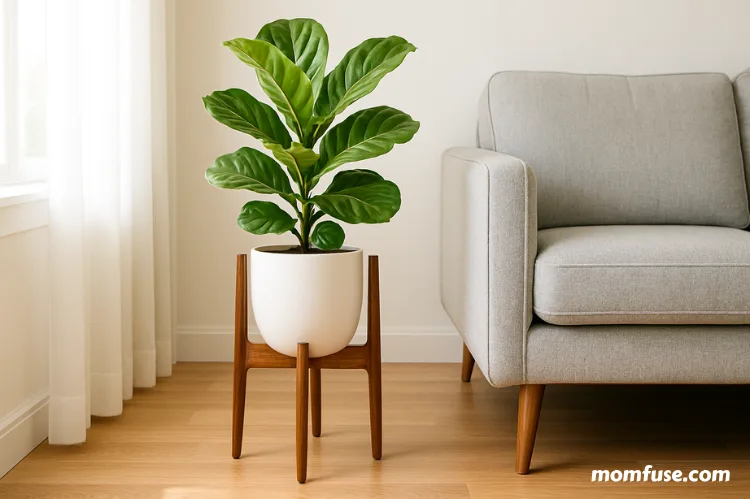 Fiddle leaf fig plant beside modern grey sofa