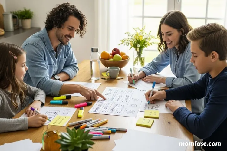 A family creating a one-page wellness plan on a table.
