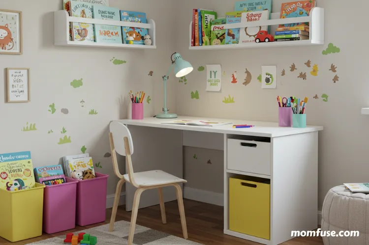 A tidy kids’ study corner with desk, shelves, lamp, school supplies neatly arranged.