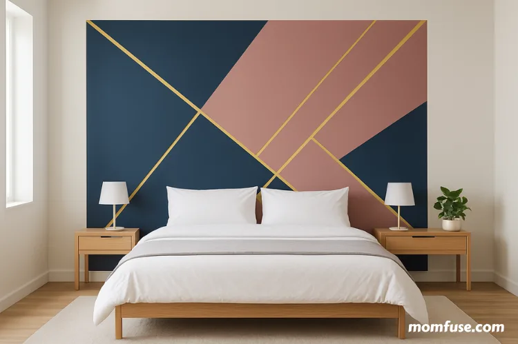 Modern bedroom with abstract geometric accent wall.