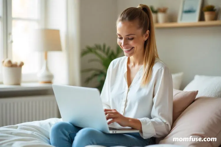 A busy mom in a well-lit bedroom, using a laptop with smile.