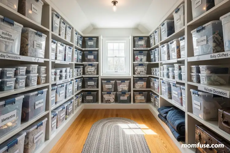 A clean, organized attic with labeled plastic storage bins, sealed containers, neatly arranged shelves.
