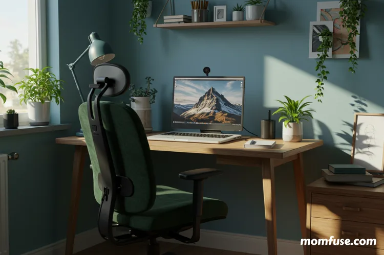 A cozy home office setup with an ergonomic chair a laptop at eye level an anti-glare screen.