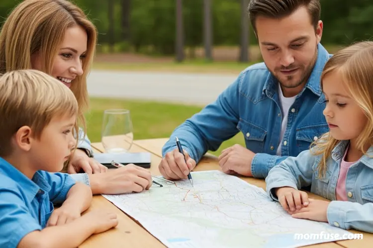 A family at a table planning a road trip with maps.