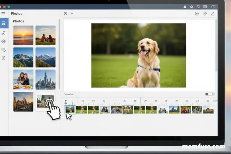 Laptop screen showing a simple slideshow maker interface with drag-and-drop photos.