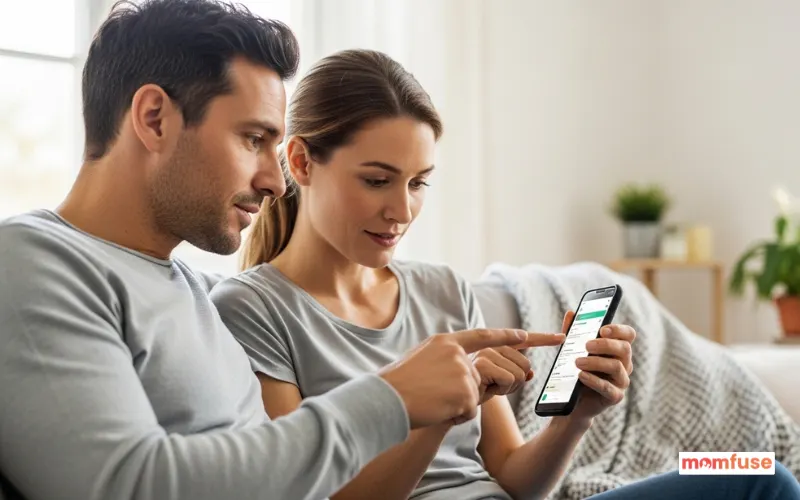 Parents reviewing messages on a co-parenting app, neutral home setting.