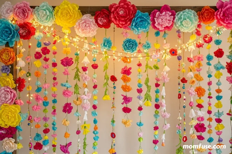 Creative DIY photo booth backdrop with hanging flowers.