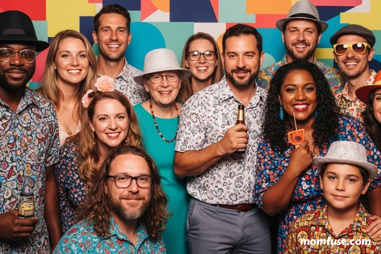 Families and friends posing together in a photo booth.