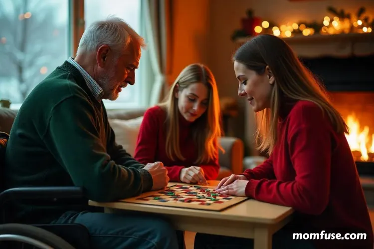 a family is enjoying a board game together parent in a wheelchair.