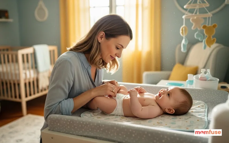 Calm mother gently changing baby diaper on soft changing table, smiling baby, cozy nursery.