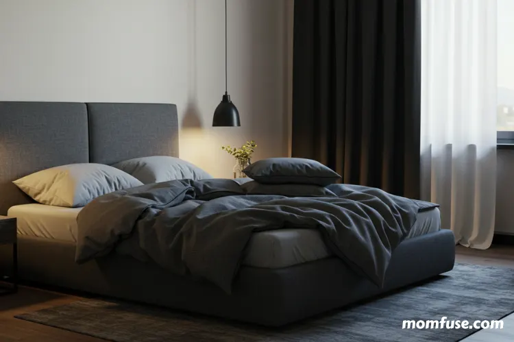 A dreamy bedroom setup with a plush bed, soft blankets, dim bedside lamps.