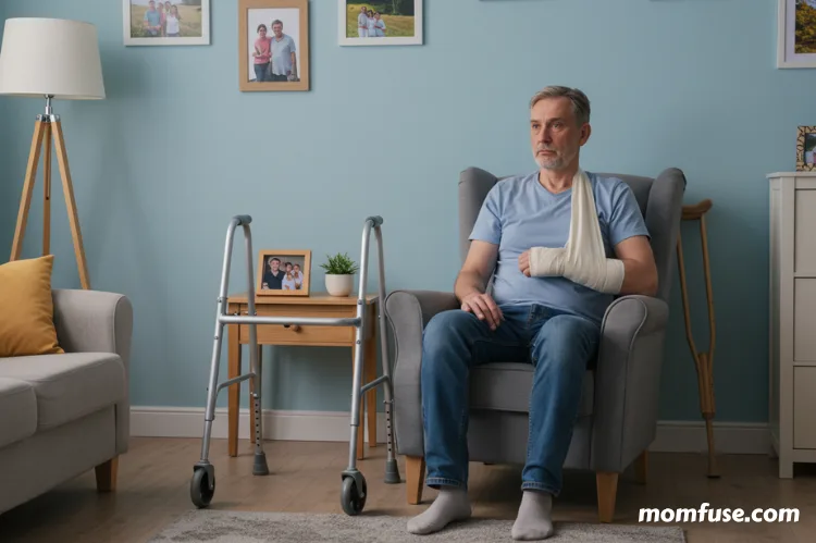 A injured man well-arranged living space adapted for recovery.