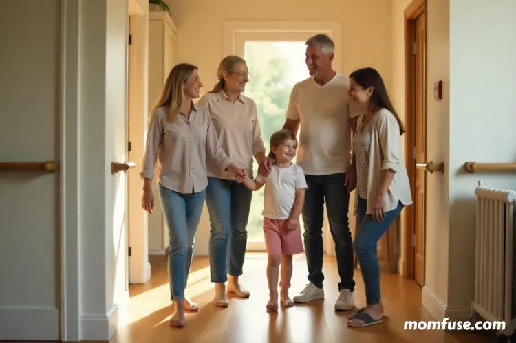 A happy multi-generational family gathered in an accessible modern home.