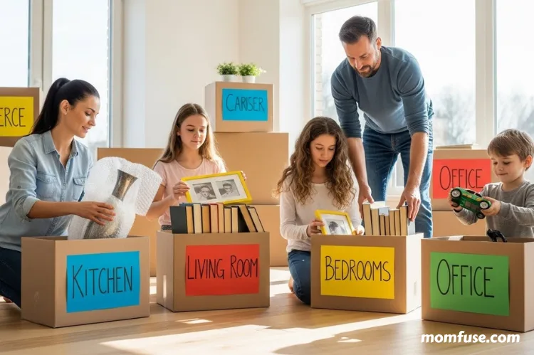 Neatly organized moving boxes with color-coded labels, family members placing items carefully.