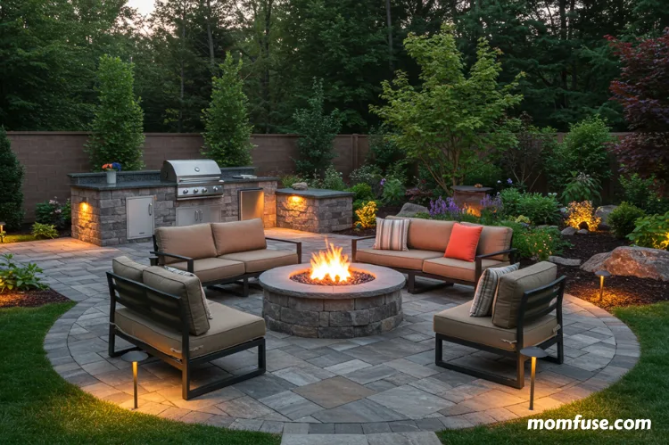 Spacious backyard with a fire pit, LED pathway lights, outdoor kitchen setup.