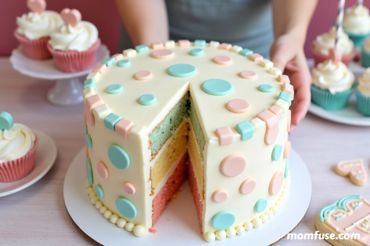 A beautifully decorated gender reveal cake with a pastel-colored design