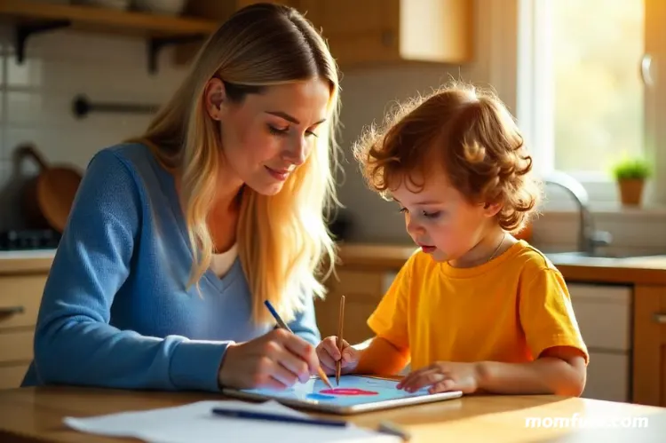 A mother on a digital tablet painting with a child beside them doing a similar activity.