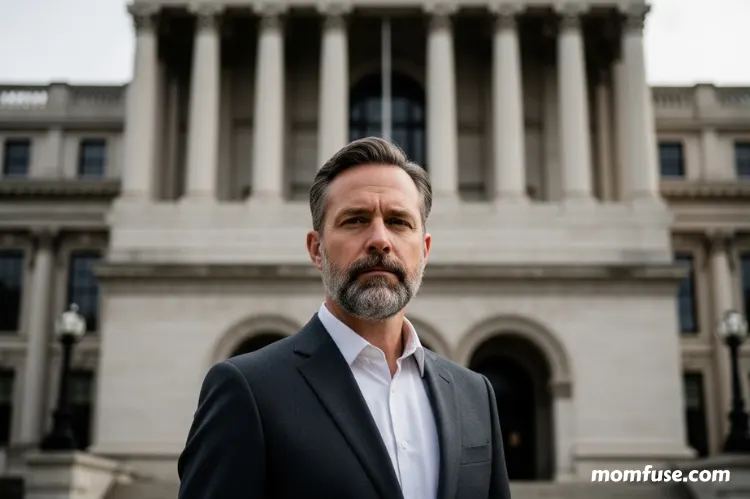 A serious-looking individual standing in front of a courthouse.