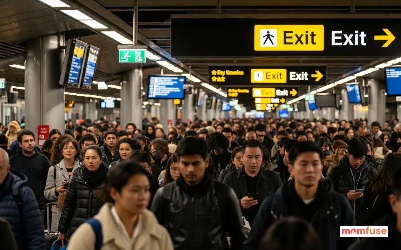Crowded event or transit station, people jostling, clear exit signs visible, realistic scene.