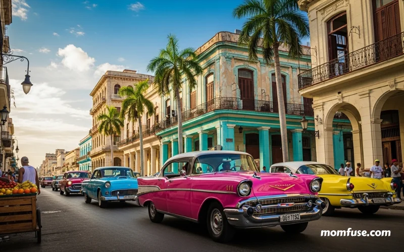 Colorful vintage cars driving through Havana streets with colonial buildings.