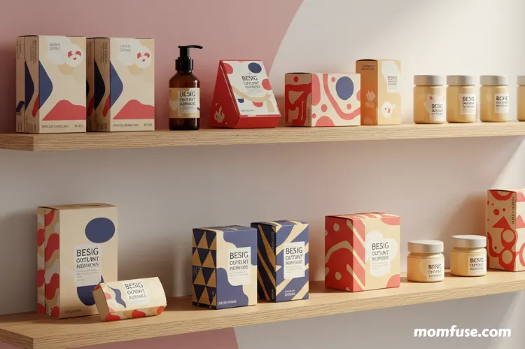 A modern product display shelf featuring colorful, custom-branded packaging.