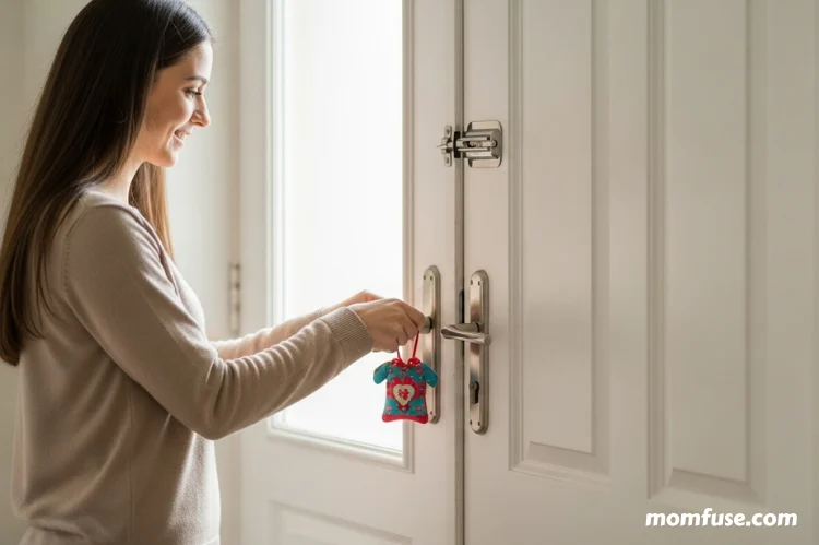 A mom closing a door with a small handmade.