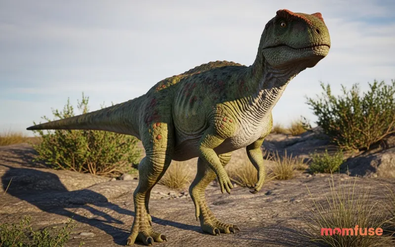 Young dinosaur with confident stance, earthy tones, slightly rugged look, outdoor rocky terrain, natural lighting
