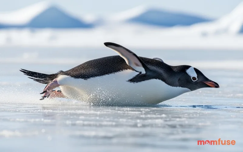 Penguin slipping on ice mid-motion, humorous natural moment, action freeze frame, snowy environment, realistic wildlife capture