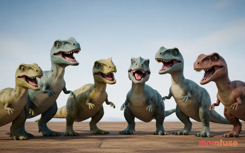 Group of small friendly dinosaurs in soft colors, playful poses, smiling expressions, grassy field, bright natural sunlight, realistic but cute tone