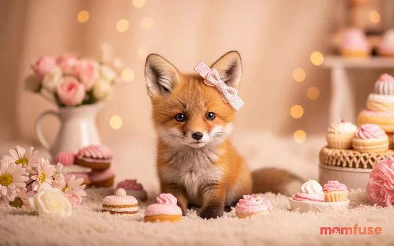 “adorable baby fox surrounded by sweets and flowers, soft pastel colors, cozy aesthetic, cute style, warm lighting”