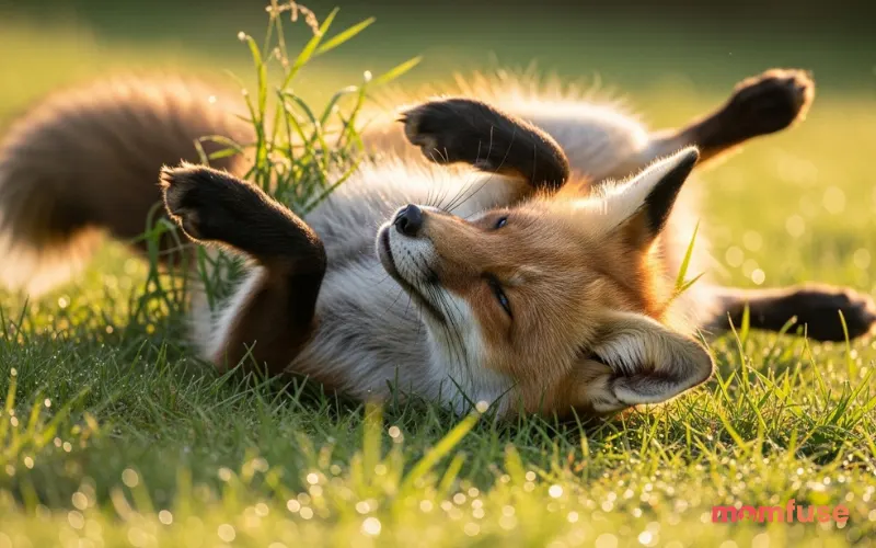 “playful fox rolling or stretching in grass, bright natural light, candid wildlife moment, ultra realistic”