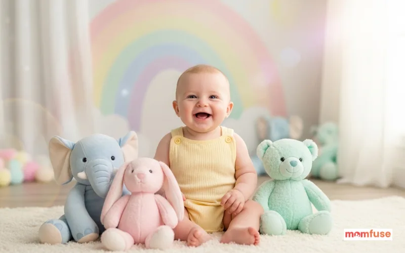Smiling baby in soft pastel outfit, surrounded by plush toys and gentle decor, dreamy lighting.