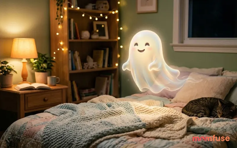 Small friendly ghost floating in cozy bedroom, warm lighting, soft glow, smiling expression, pastel tones, realistic style with gentle shadows