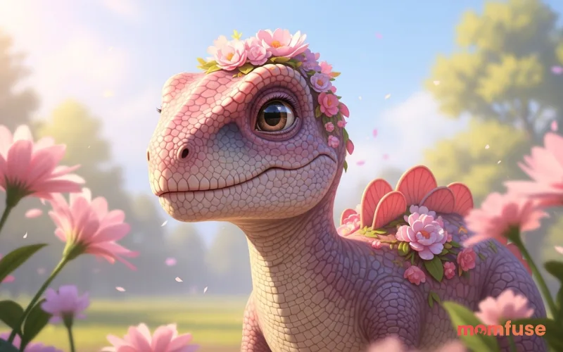 Elegant small dinosaur with soft pink and floral tones, gentle expression, flowers around, soft sunlight, realistic texture