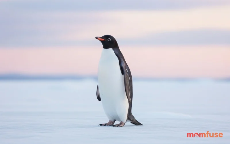 Elegant penguin standing gracefully on ice, soft pastel sky background, gentle lighting, calm and serene mood, realistic photography