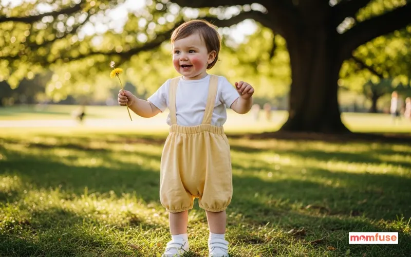 happy toddler with gender neutral style playing in sunny park, soft pastel clothing, joyful smile, natural light.