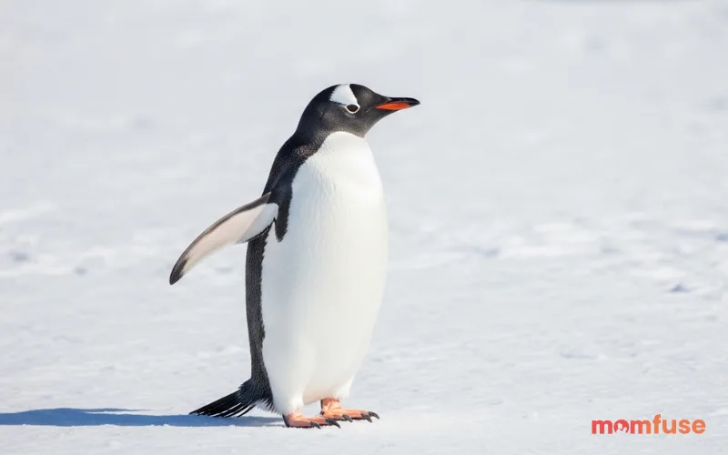 Single penguin centered in frame, minimal snowy background, clean composition, bright natural light, high clarity