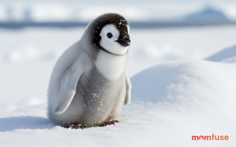 Fluffy baby penguin chick standing on snow, soft feathers, adorable pose, bright natural light, ultra realistic wildlife photo