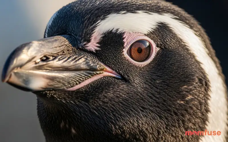 Close-up penguin face with curious expression, soft lighting, detailed eyes and feathers, intimate wildlife portrait