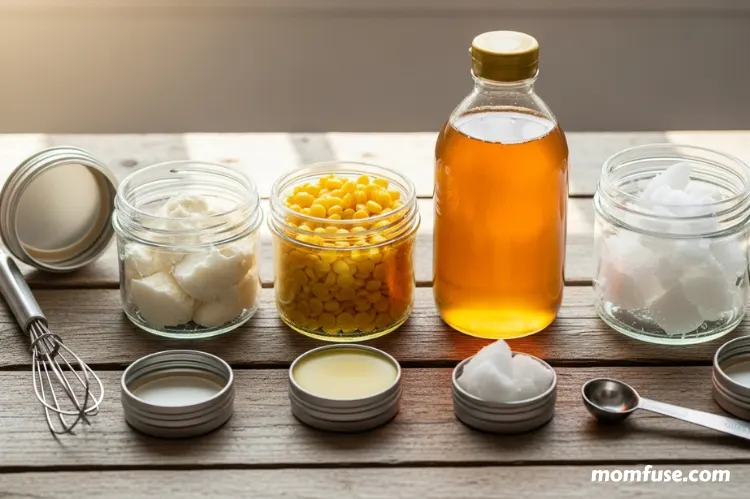 Homemade lip balm ingredients on table, coconut oil, honey, beeswax, shea butter, natural DIY skincare setup.