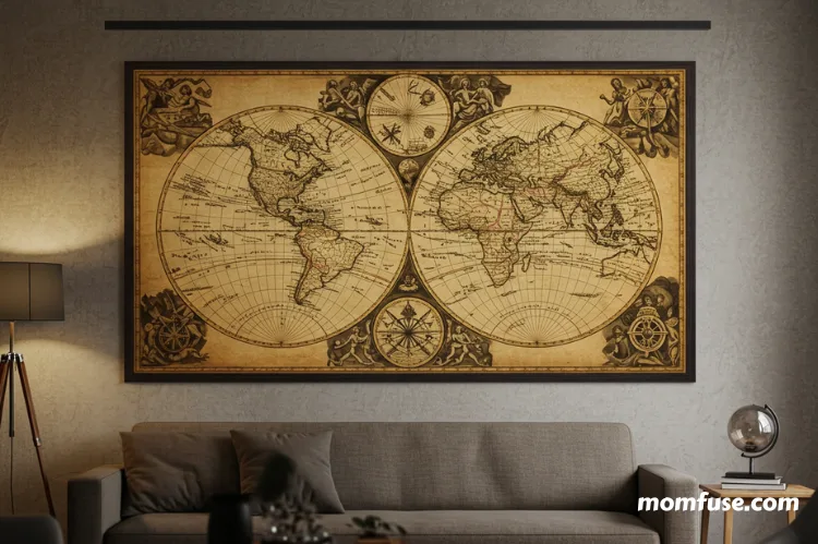 A large vintage world map mounted on a living room wall.